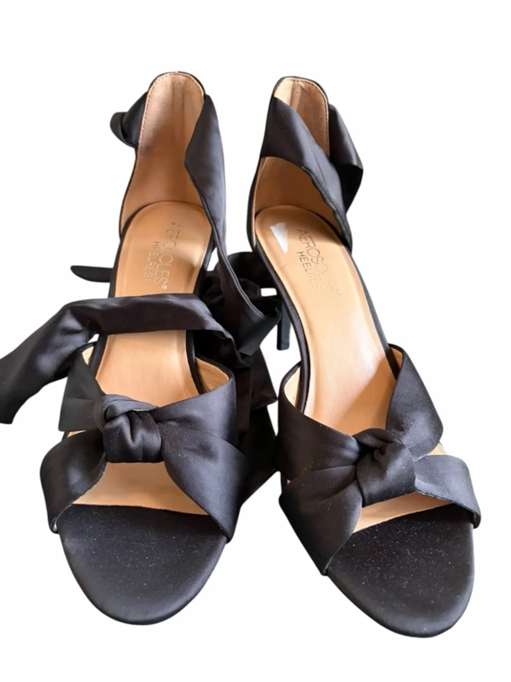 AEROSOLES Black Satin Heelrest Ankle Tie Heels - Picture 5 of 13